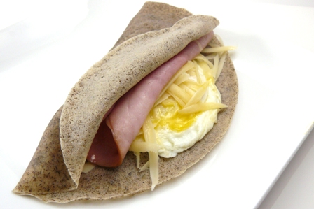 buckwheat crepes with ham, cheese, and egg