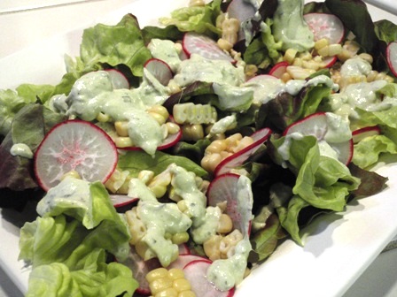 butter lettuce, radishes, and roasted corn salad with green goddess dressing