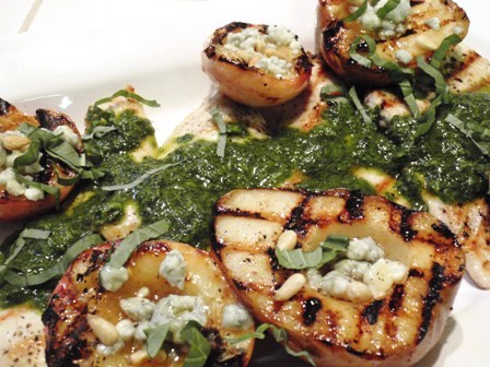 grilled chicken with basil sauce and grilled pears and nectarines with blue cheese