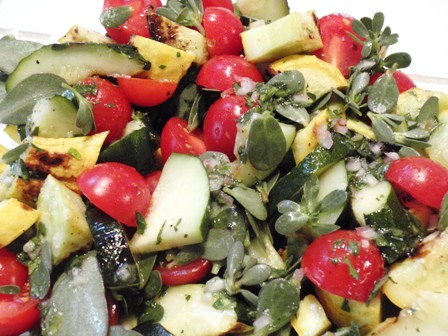 grilled zuccini salad with purslane and tomato
