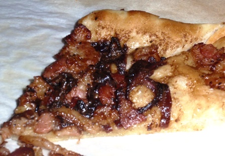 caramelized balsamic onions, creme fraiche, and black pepper bacon pizza